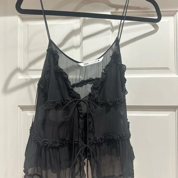 Zara Ruffled Semi-Sheer Top - Anthracite Gray - Picture 2 of 4